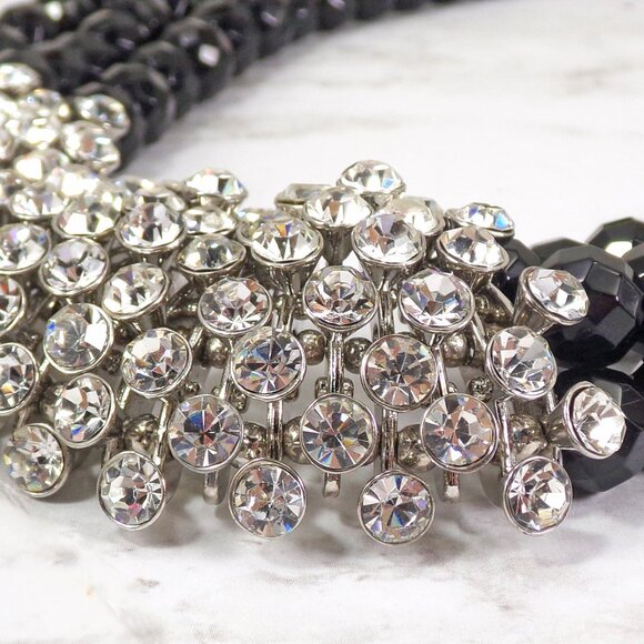 Large clear crystal statement necklace with 3 rows of black glass beads - Picture 6 of 8